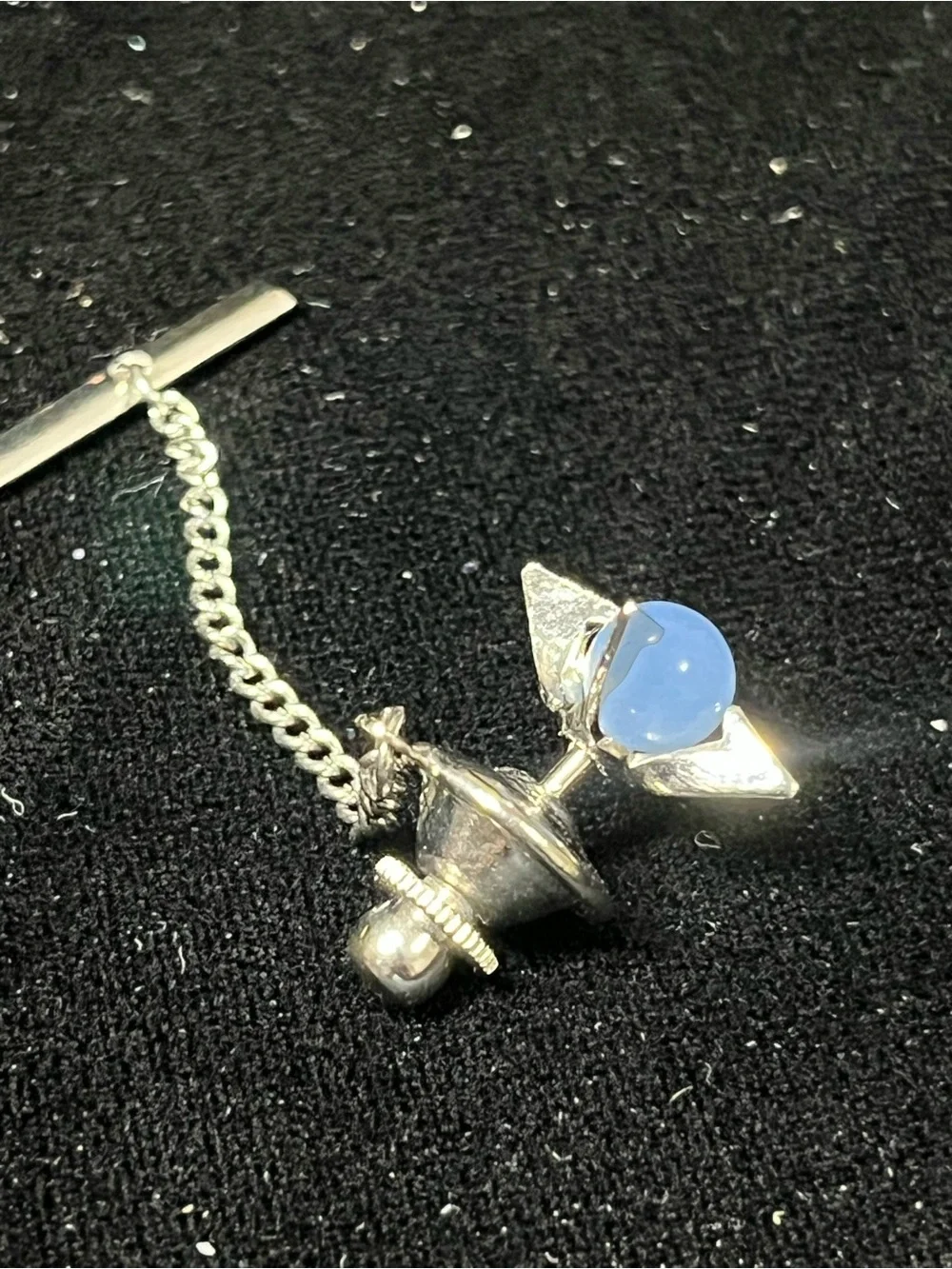 Vintage Silver Blue Moongloe Lucite Cabochon Square Cufflink and Tie Tack Set